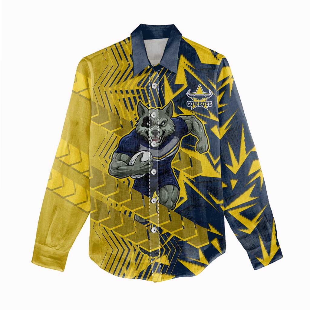 North Queensland Cowboys Rugby Women Casual Shirt Fierce Mascot Geometric Tribal Art