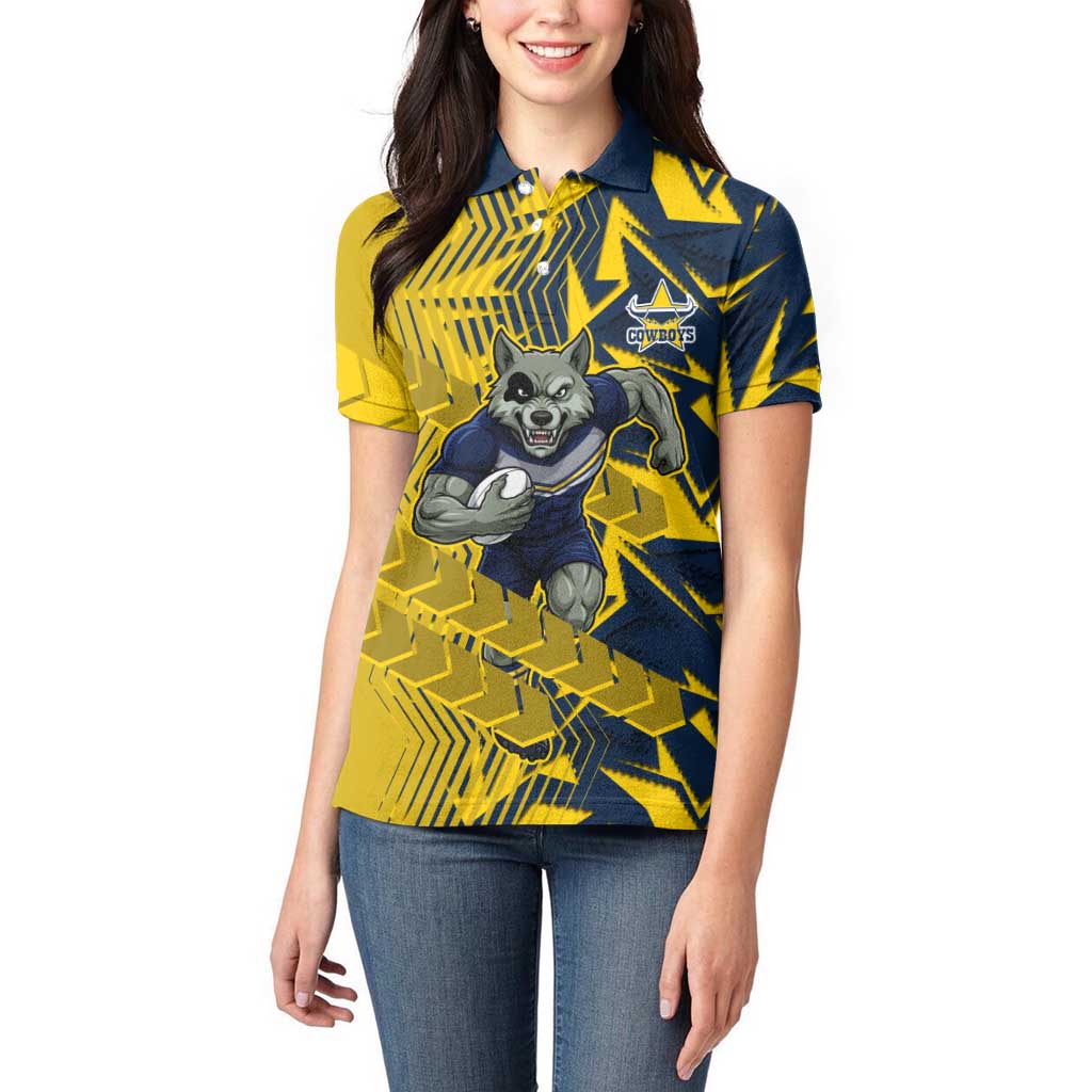North Queensland Cowboys Rugby Women Polo Shirt Fierce Mascot Geometric Tribal Art