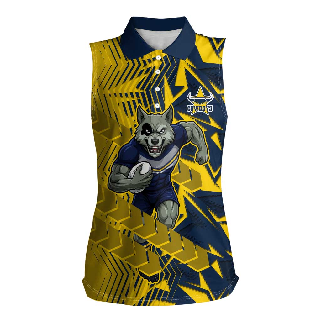 North Queensland Cowboys Rugby Women Sleeveless Polo Shirt Fierce Mascot Geometric Tribal Art