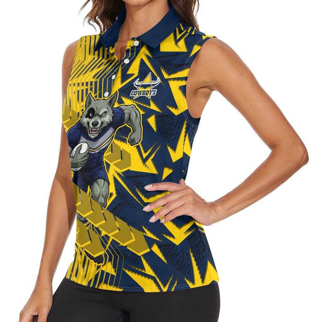 North Queensland Cowboys Rugby Women Sleeveless Polo Shirt Fierce Mascot Geometric Tribal Art