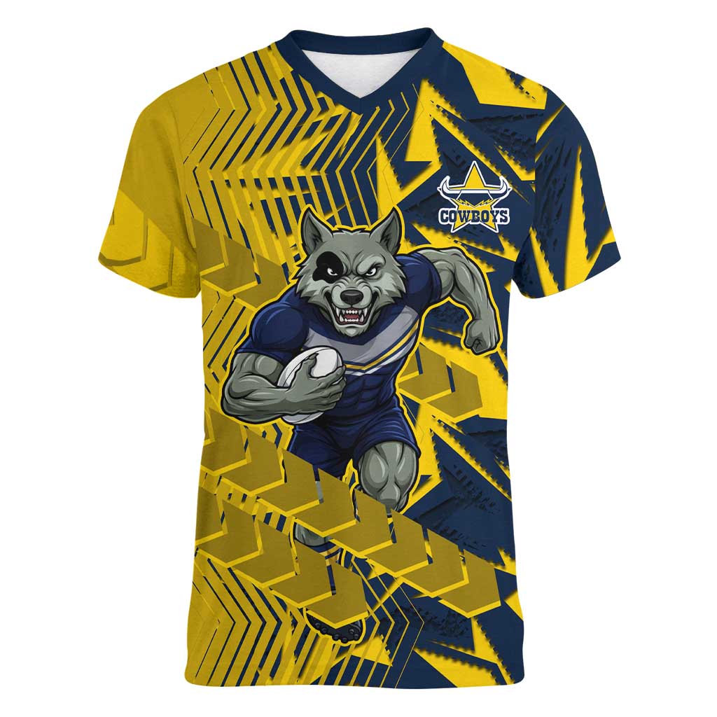 North Queensland Cowboys Rugby Women V-Neck T-Shirt Fierce Mascot Geometric Tribal Art