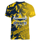 North Queensland Cowboys Rugby Women V-Neck T-Shirt Fierce Mascot Geometric Tribal Art