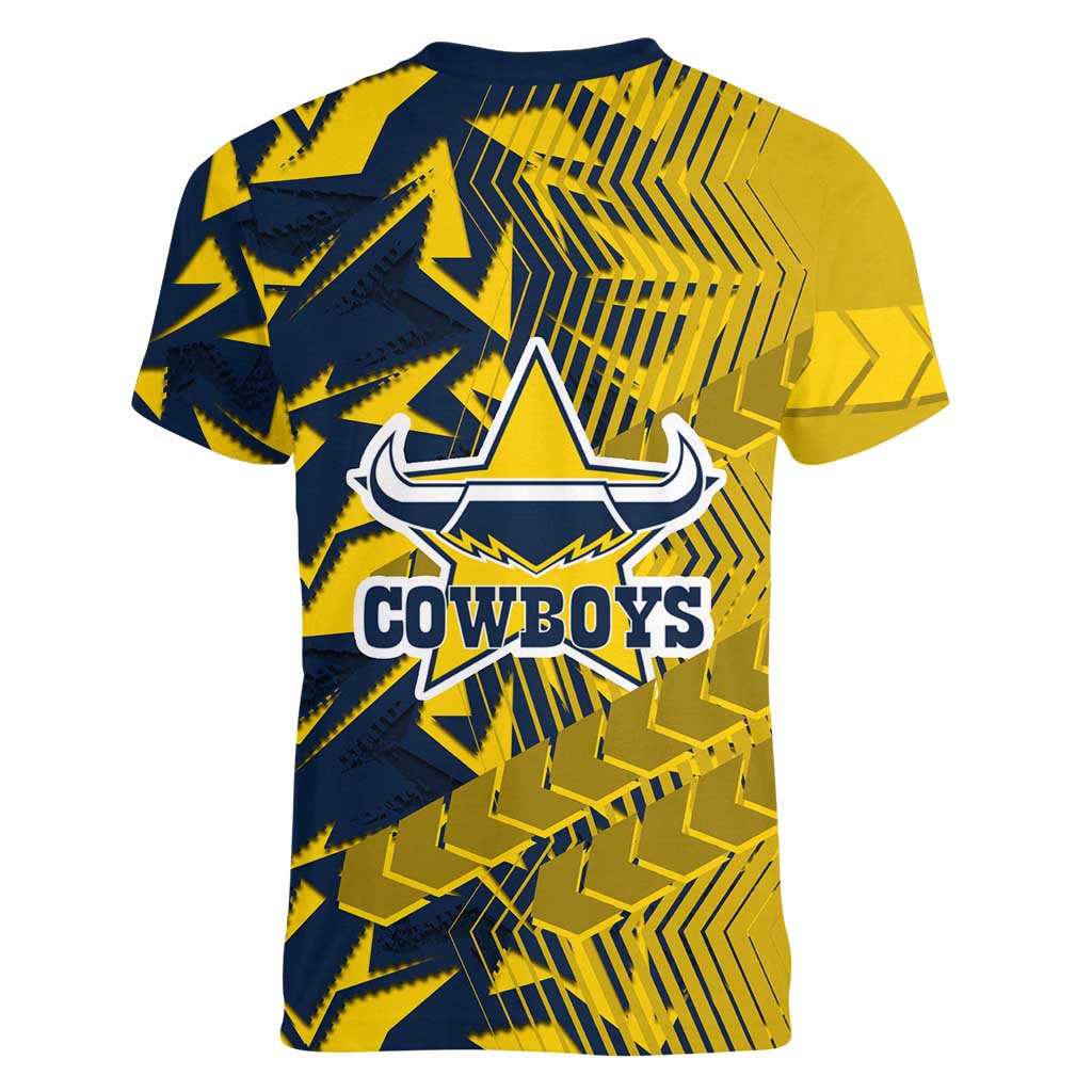 North Queensland Cowboys Rugby Women V-Neck T-Shirt Fierce Mascot Geometric Tribal Art