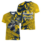 North Queensland Cowboys Rugby Women V-Neck T-Shirt Fierce Mascot Geometric Tribal Art