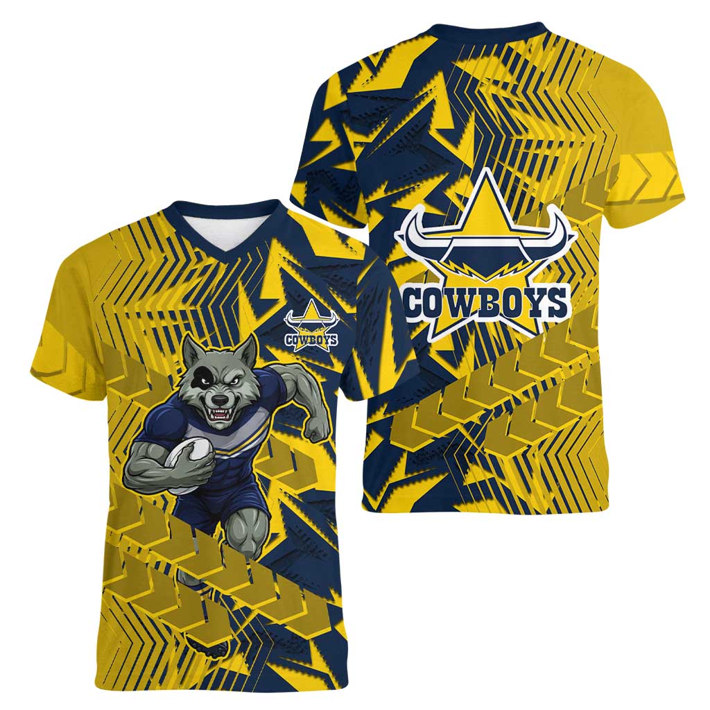North Queensland Cowboys Rugby Women V-Neck T-Shirt Fierce Mascot Geometric Tribal Art