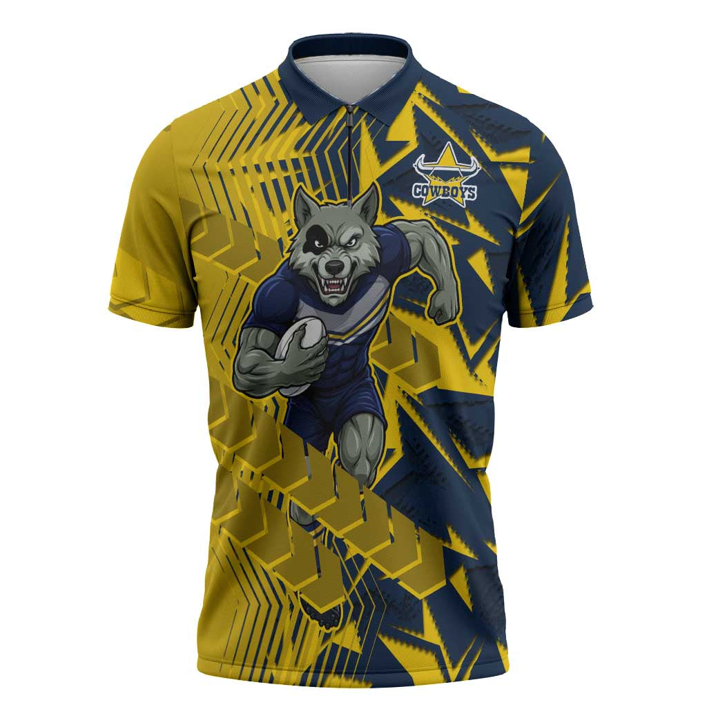 North Queensland Cowboys Rugby Zipper Polo Shirt Fierce Mascot Geometric Tribal Art