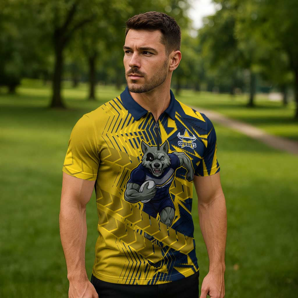 North Queensland Cowboys Rugby Zipper Polo Shirt Fierce Mascot Geometric Tribal Art