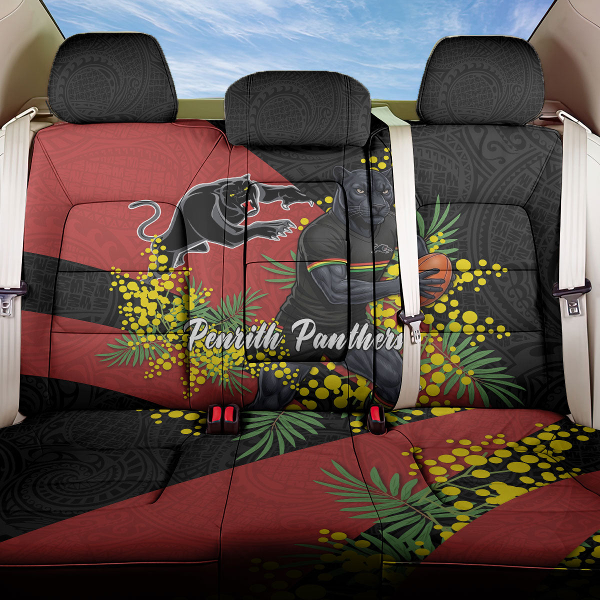 Penrith Panthers Back Car Seat Cover Golden Wattle Floral Polynesian - Australian Flower - Rugby Mascot