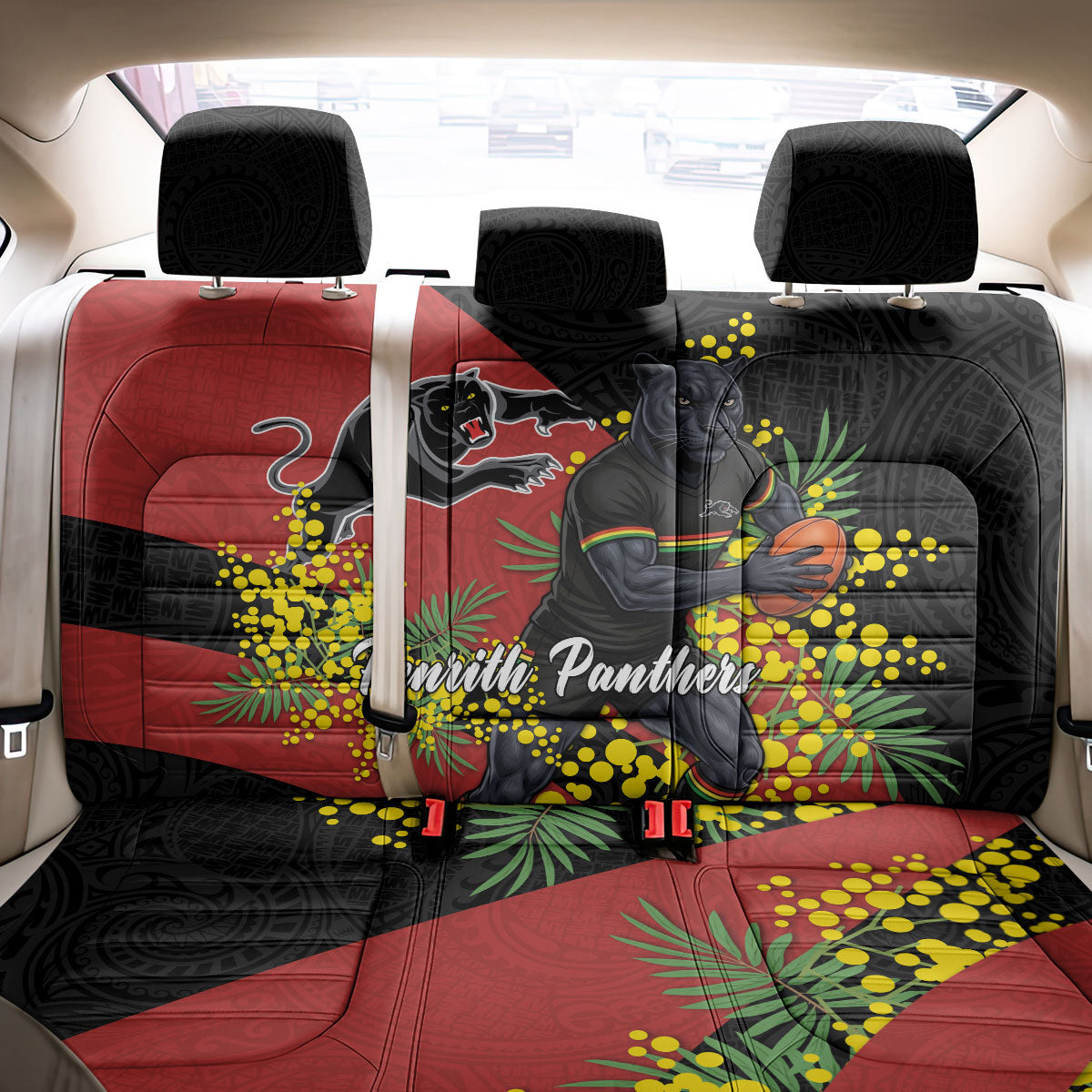 Penrith Panthers Back Car Seat Cover Golden Wattle Floral Polynesian - Australian Flower - Rugby Mascot