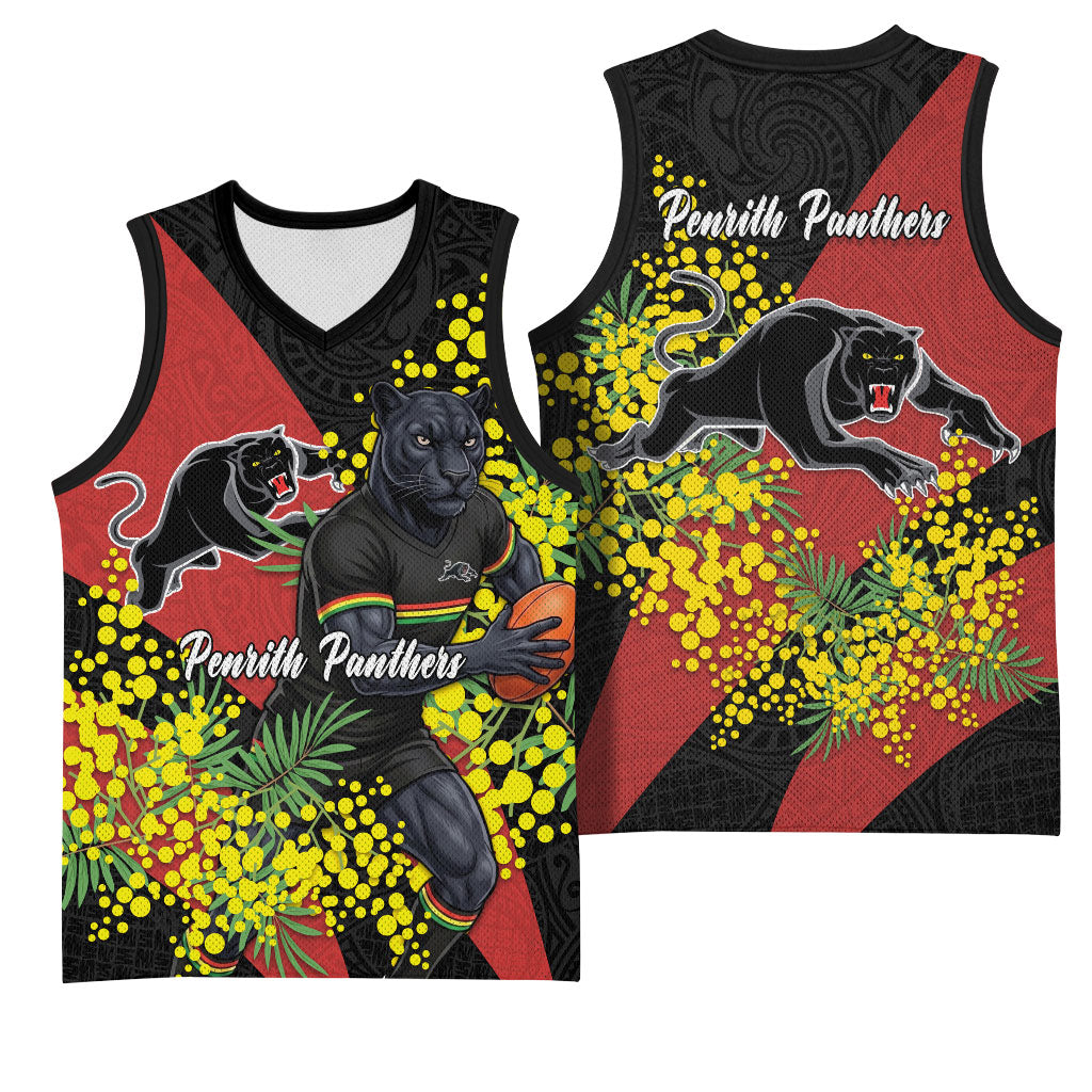 Penrith Panthers Basketball Jersey Golden Wattle Floral Polynesian - Australian Flower - Rugby Mascot