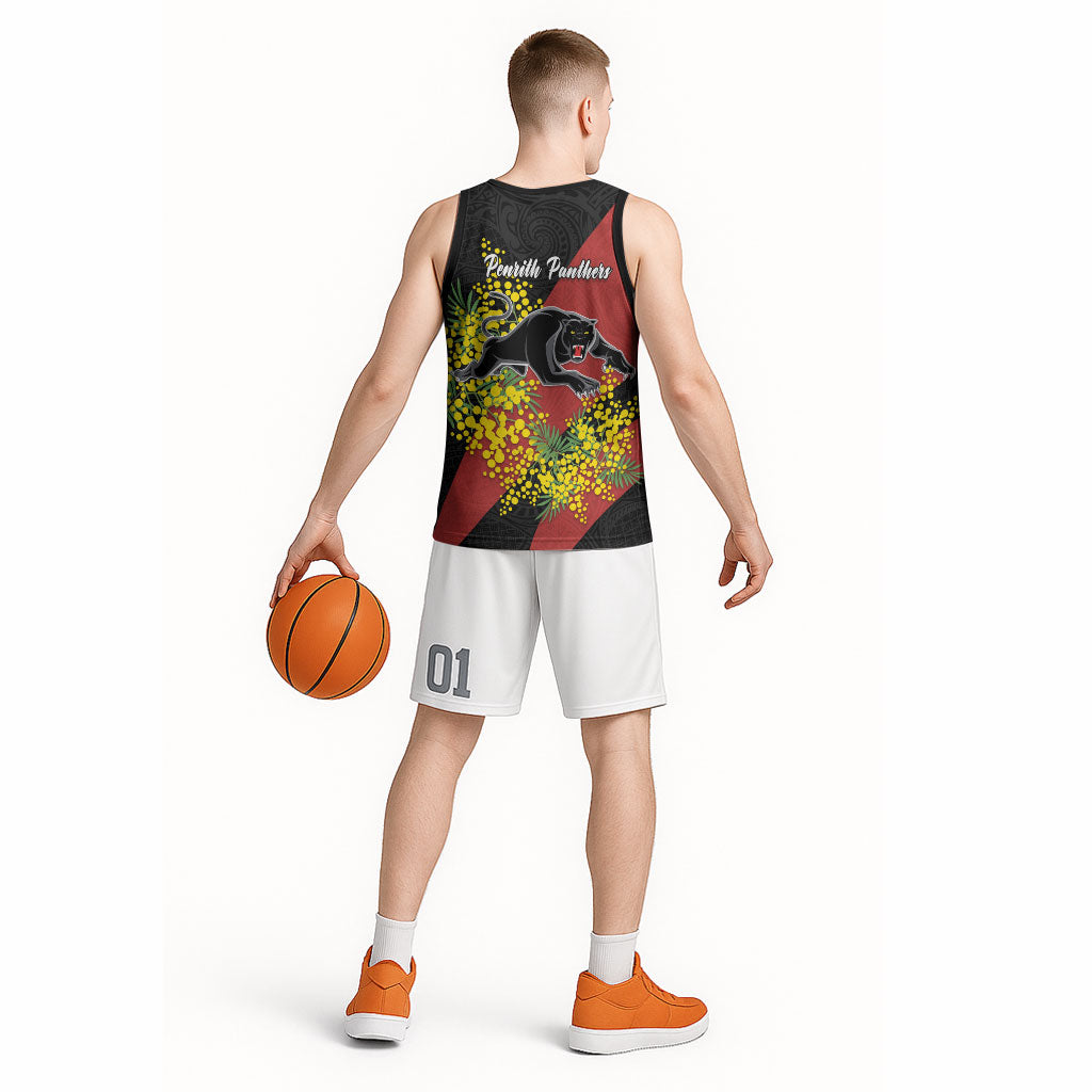 Penrith Panthers Basketball Jersey Golden Wattle Floral Polynesian - Australian Flower - Rugby Mascot
