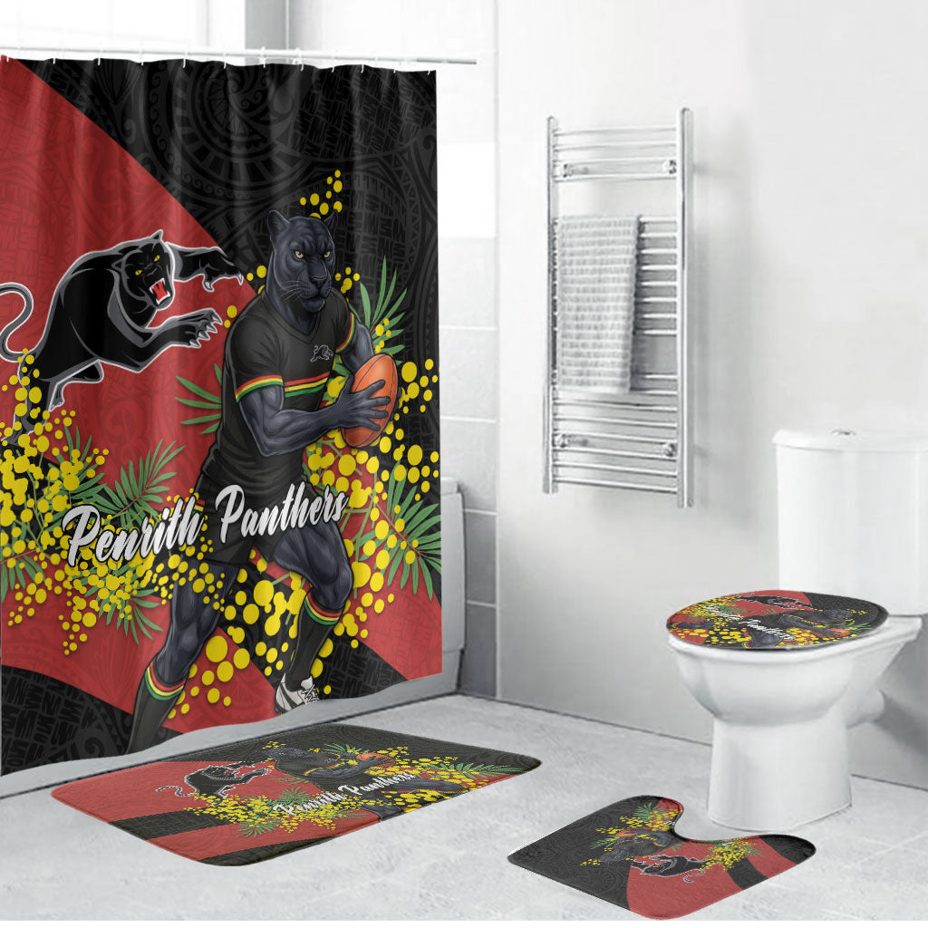 Penrith Panthers Bathroom Set Golden Wattle Floral Polynesian - Australian Flower - Rugby Mascot