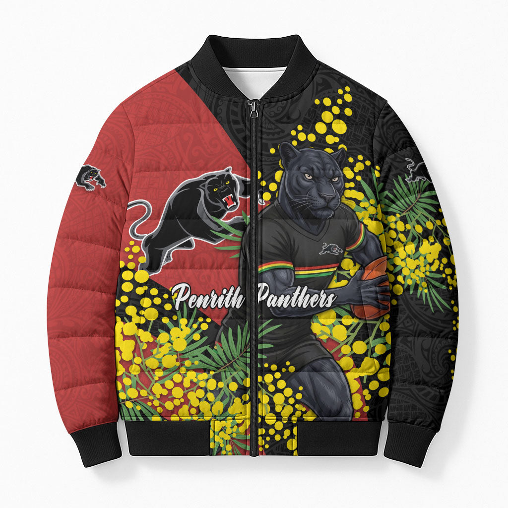 Penrith Panthers Bomber Puffer Jacket Golden Wattle Floral Polynesian - Australian Flower - Rugby Mascot