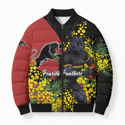 Penrith Panthers Bomber Puffer Jacket Golden Wattle Floral Polynesian - Australian Flower - Rugby Mascot