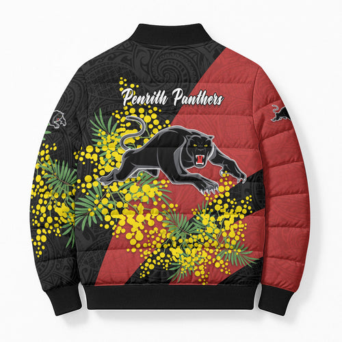Penrith Panthers Bomber Puffer Jacket Golden Wattle Floral Polynesian - Australian Flower - Rugby Mascot