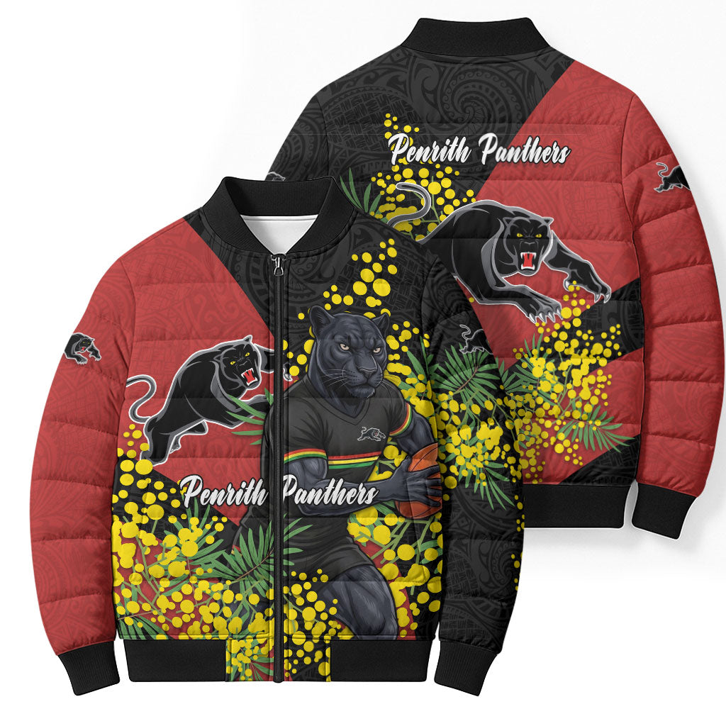 Penrith Panthers Bomber Puffer Jacket Golden Wattle Floral Polynesian - Australian Flower - Rugby Mascot