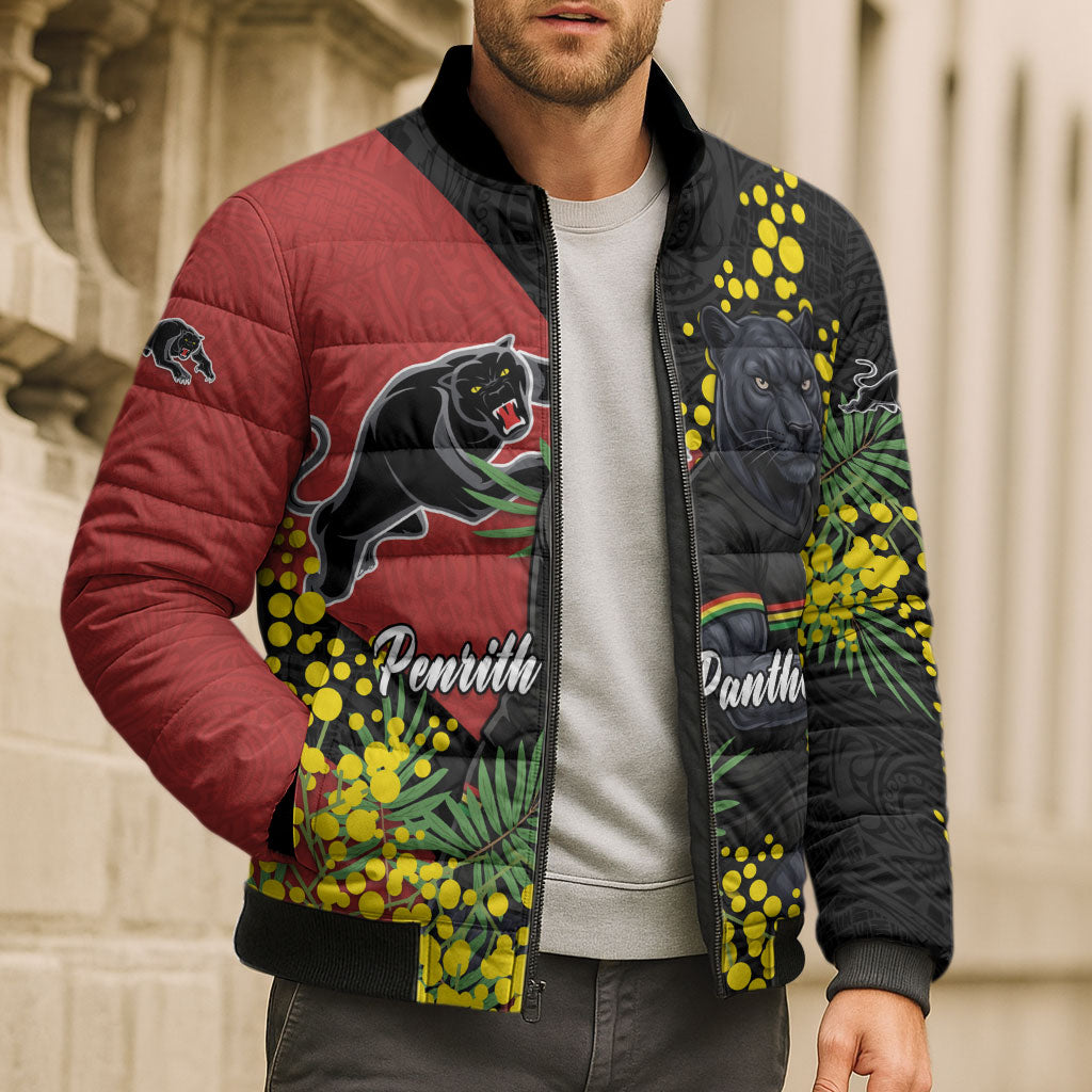 Penrith Panthers Bomber Puffer Jacket Golden Wattle Floral Polynesian - Australian Flower - Rugby Mascot