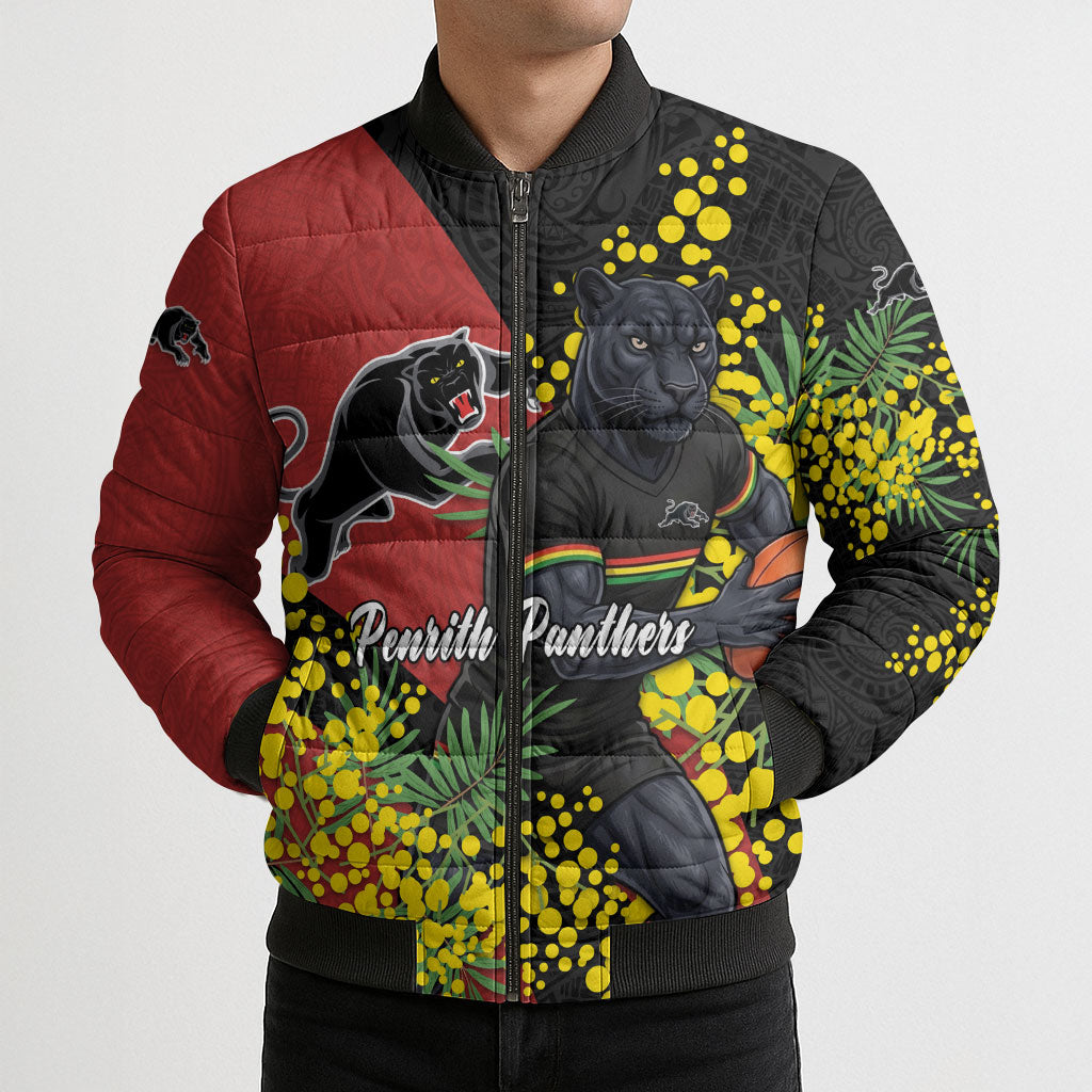 Penrith Panthers Bomber Puffer Jacket Golden Wattle Floral Polynesian - Australian Flower - Rugby Mascot