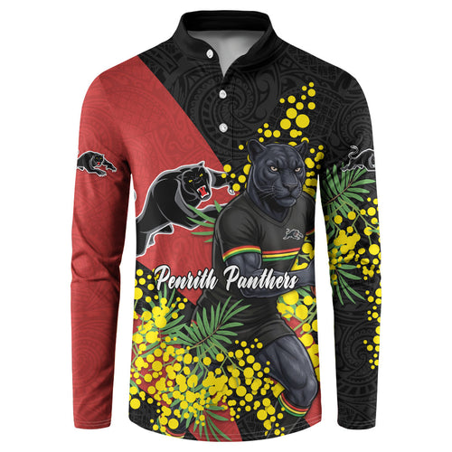 Penrith Panthers Button Sweatshirt Golden Wattle Floral Polynesian - Australian Flower - Rugby Mascot