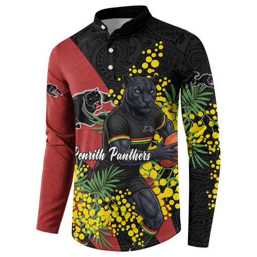 Penrith Panthers Button Sweatshirt Golden Wattle Floral Polynesian - Australian Flower - Rugby Mascot