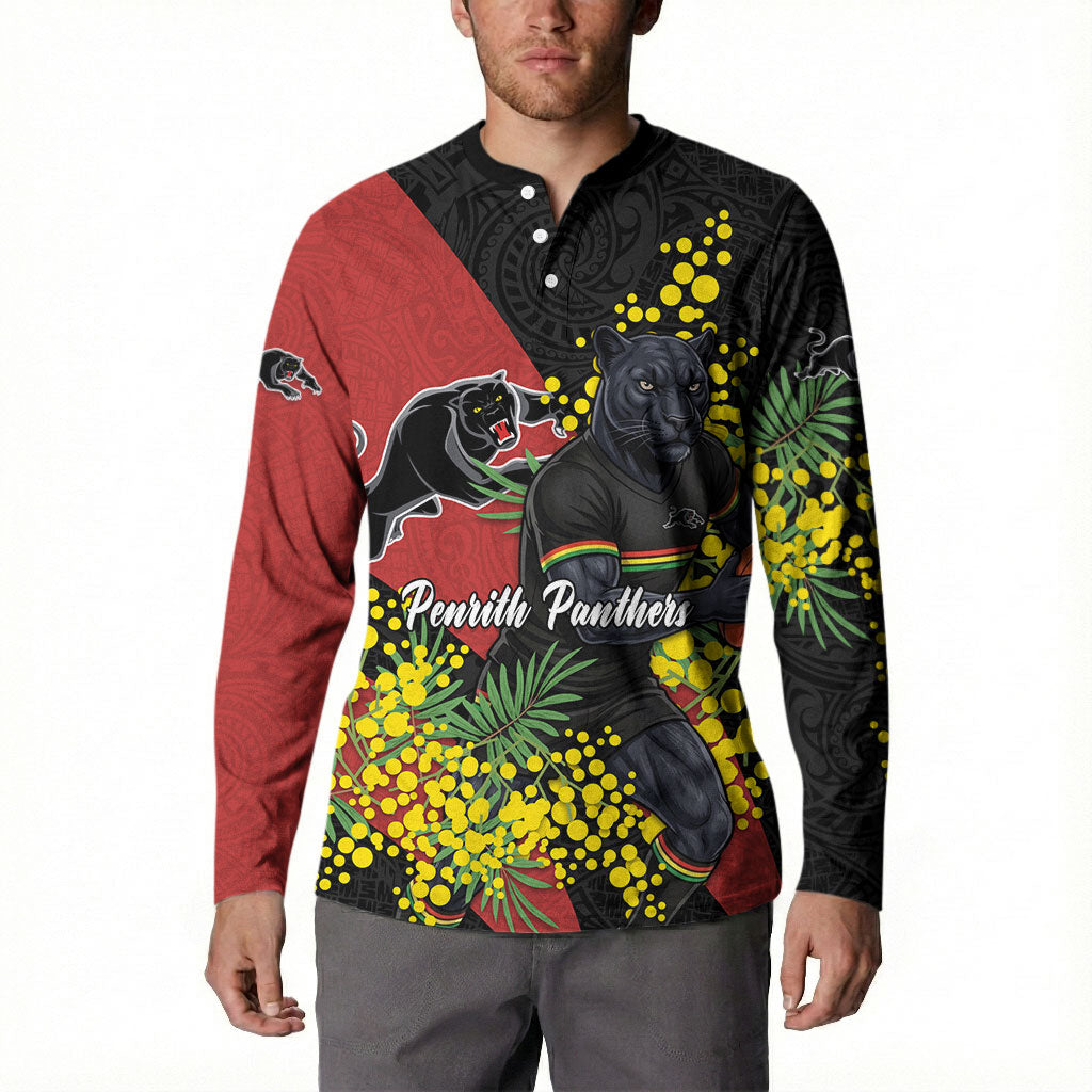 Penrith Panthers Button Sweatshirt Golden Wattle Floral Polynesian - Australian Flower - Rugby Mascot