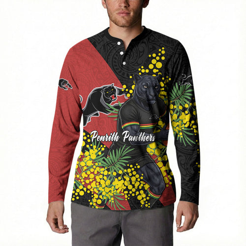 Penrith Panthers Button Sweatshirt Golden Wattle Floral Polynesian - Australian Flower - Rugby Mascot