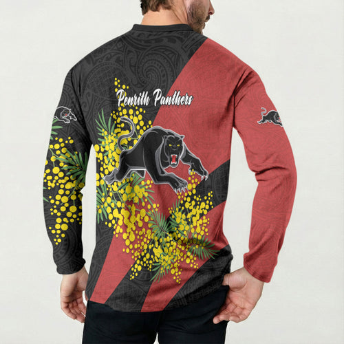 Penrith Panthers Button Sweatshirt Golden Wattle Floral Polynesian - Australian Flower - Rugby Mascot