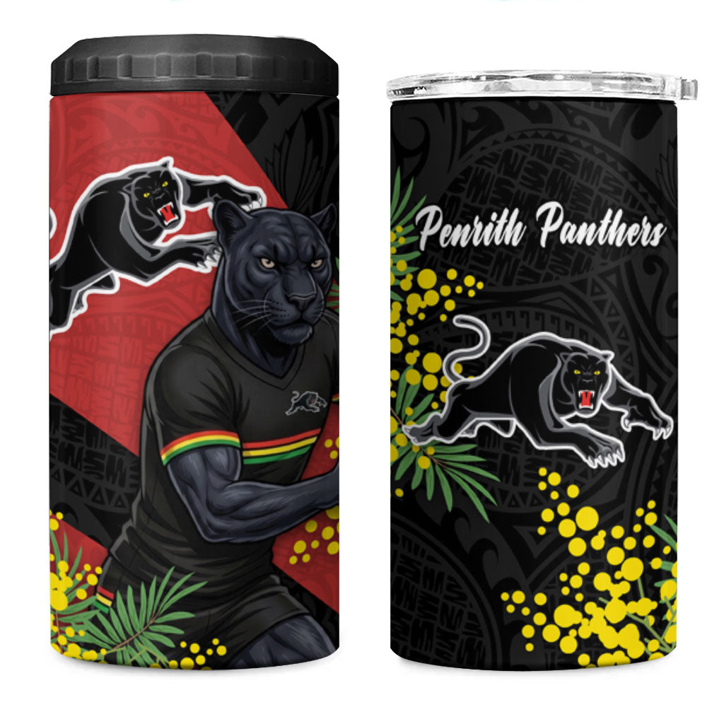 Penrith Panthers 4 in 1 Can Cooler Tumbler Golden Wattle Floral Polynesian - Australian Flower - Rugby Mascot