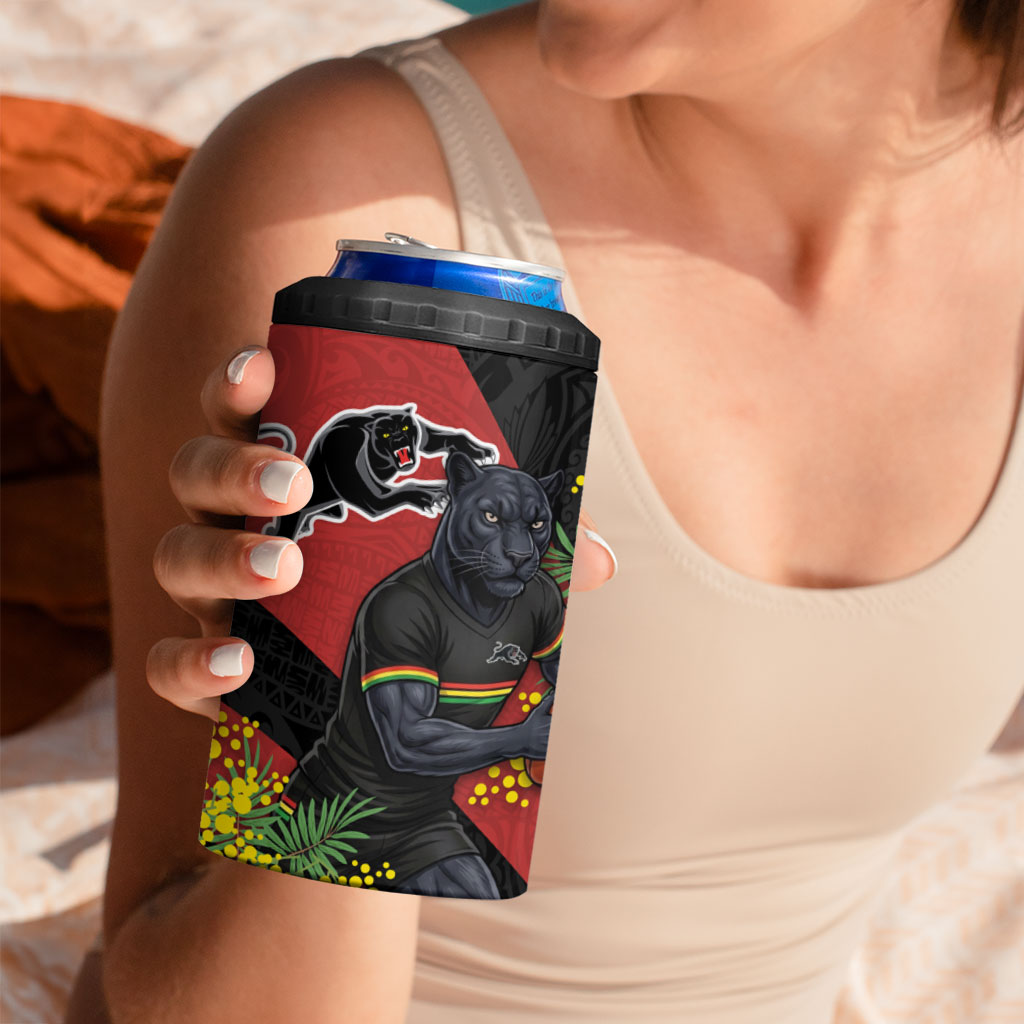 Penrith Panthers 4 in 1 Can Cooler Tumbler Golden Wattle Floral Polynesian - Australian Flower - Rugby Mascot