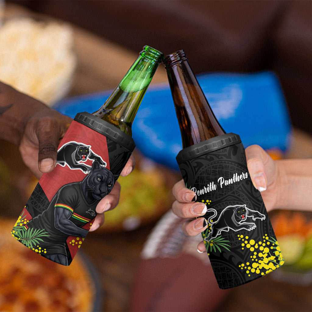 Penrith Panthers 4 in 1 Can Cooler Tumbler Golden Wattle Floral Polynesian - Australian Flower - Rugby Mascot