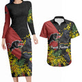 Penrith Panthers Couples Matching Long Sleeve Bodycon Dress and Hawaiian Shirt Golden Wattle Floral Polynesian - Australian Flower - Rugby Mascot