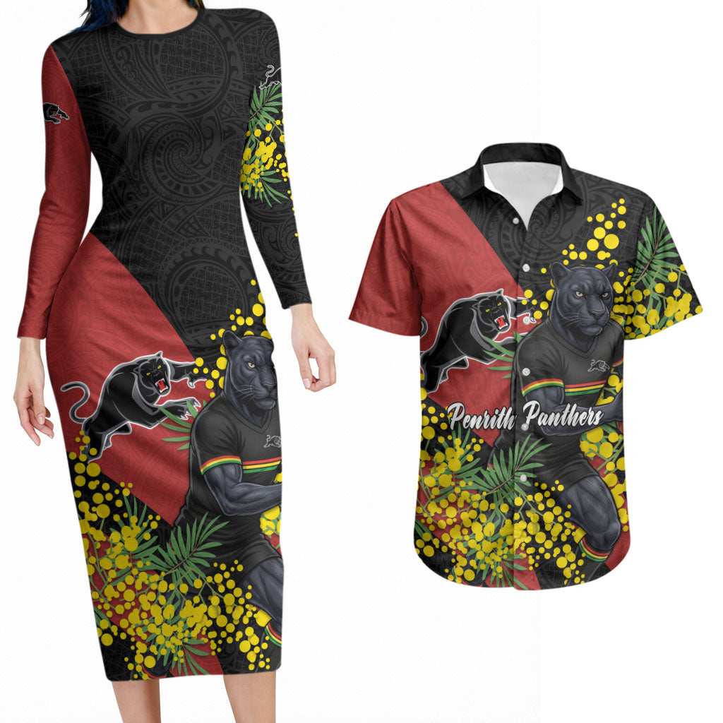Penrith Panthers Couples Matching Long Sleeve Bodycon Dress and Hawaiian Shirt Golden Wattle Floral Polynesian - Australian Flower - Rugby Mascot