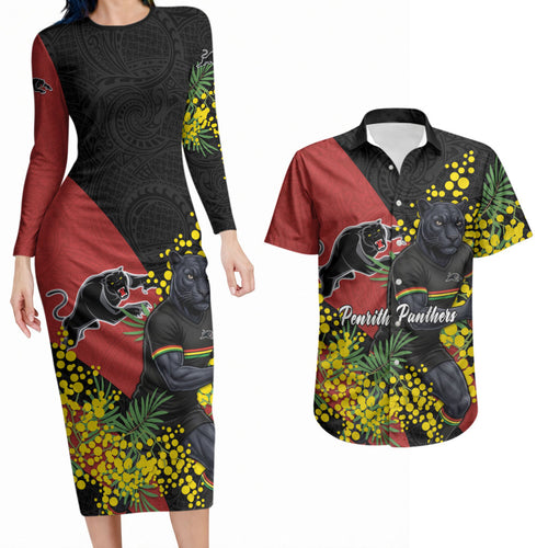 Penrith Panthers Couples Matching Long Sleeve Bodycon Dress and Hawaiian Shirt Golden Wattle Floral Polynesian - Australian Flower - Rugby Mascot