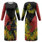 Penrith Panthers Couples Matching Long Sleeve Bodycon Dress and Hawaiian Shirt Golden Wattle Floral Polynesian - Australian Flower - Rugby Mascot