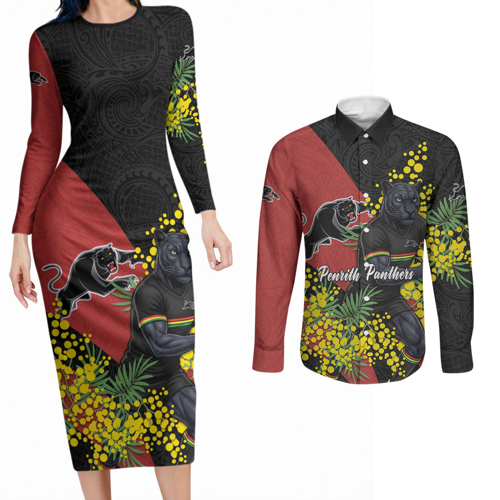 Penrith Panthers Couples Matching Long Sleeve Bodycon Dress and Long Sleeve Button Shirt Golden Wattle Floral Polynesian - Australian Flower - Rugby Mascot