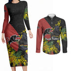 Penrith Panthers Couples Matching Long Sleeve Bodycon Dress and Long Sleeve Button Shirt Golden Wattle Floral Polynesian - Australian Flower - Rugby Mascot