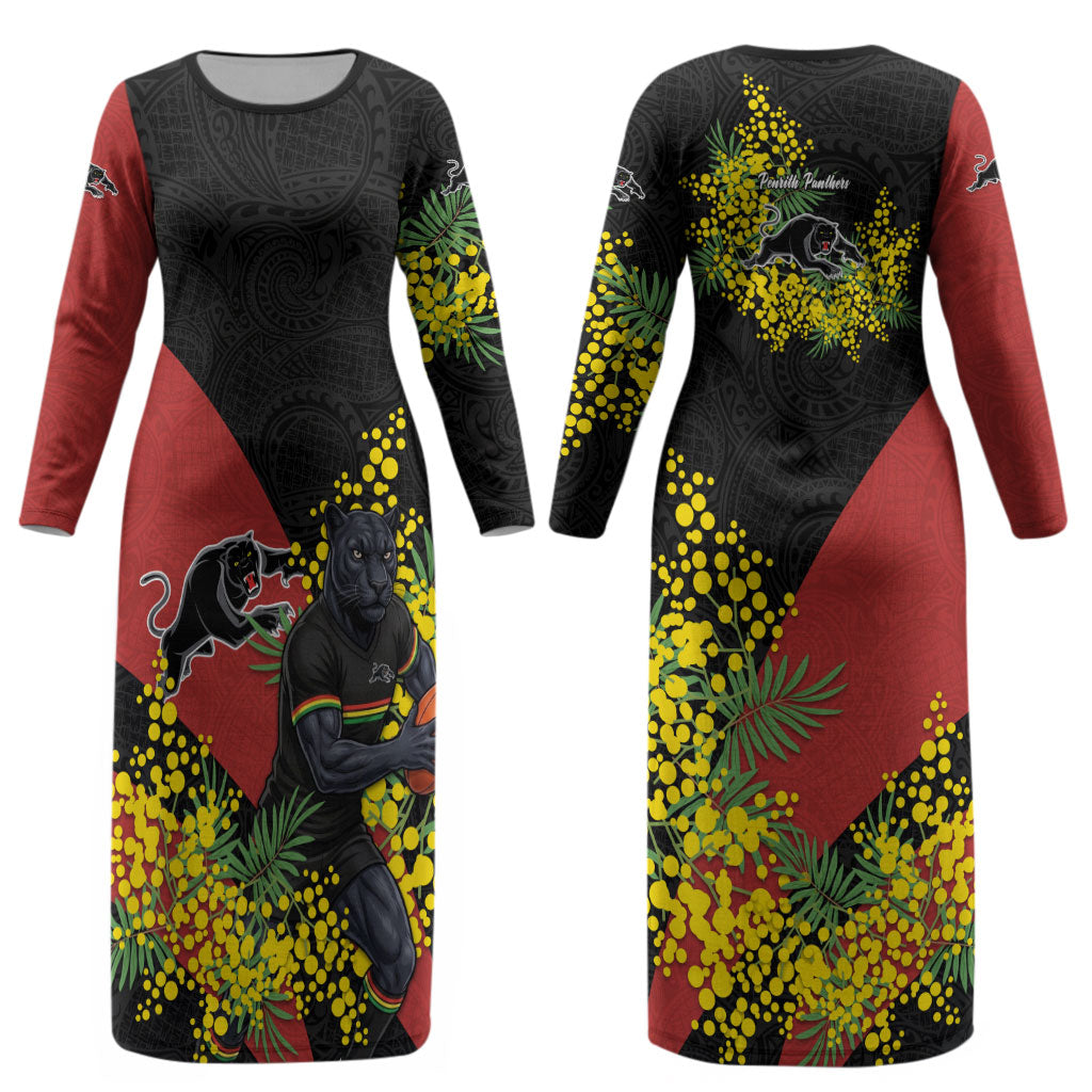 Penrith Panthers Couples Matching Long Sleeve Bodycon Dress and Long Sleeve Button Shirt Golden Wattle Floral Polynesian - Australian Flower - Rugby Mascot