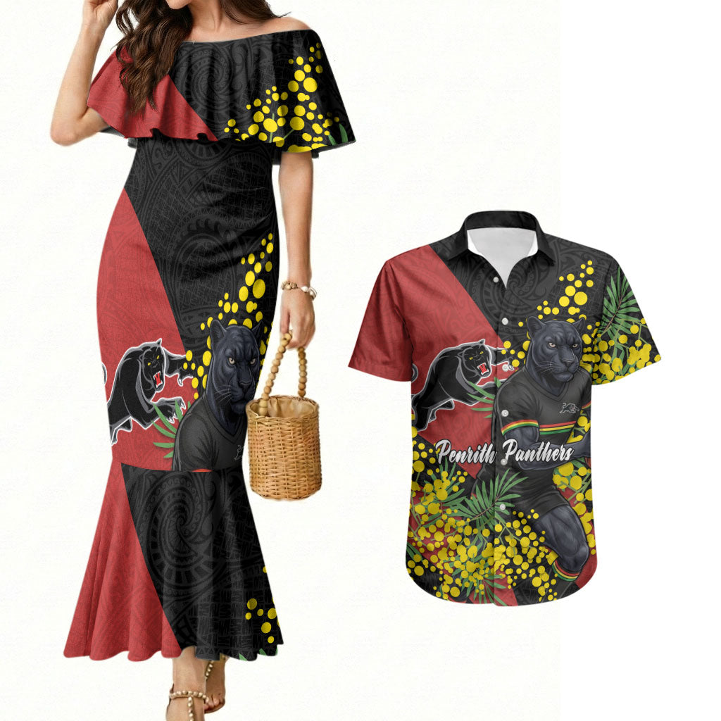 Penrith Panthers Couples Matching Mermaid Dress and Hawaiian Shirt Golden Wattle Floral Polynesian - Australian Flower - Rugby Mascot