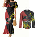 Penrith Panthers Couples Matching Mermaid Dress and Long Sleeve Button Shirt Golden Wattle Floral Polynesian - Australian Flower - Rugby Mascot
