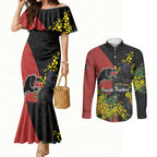 Penrith Panthers Couples Matching Mermaid Dress and Long Sleeve Button Shirt Golden Wattle Floral Polynesian - Australian Flower - Rugby Mascot