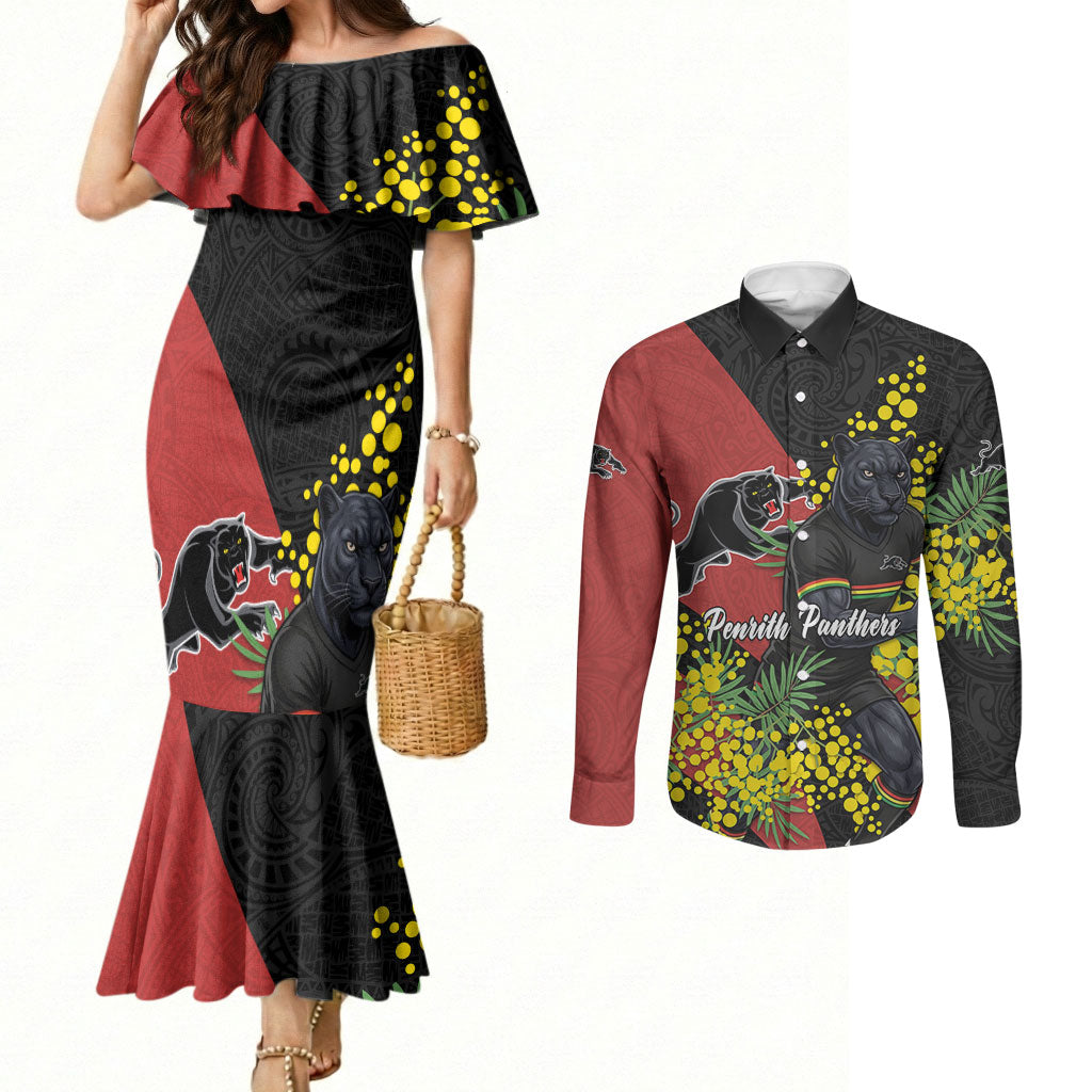 Penrith Panthers Couples Matching Mermaid Dress and Long Sleeve Button Shirt Golden Wattle Floral Polynesian - Australian Flower - Rugby Mascot