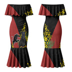 Penrith Panthers Couples Matching Mermaid Dress and Long Sleeve Button Shirt Golden Wattle Floral Polynesian - Australian Flower - Rugby Mascot