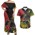 Penrith Panthers Couples Matching Off Shoulder Maxi Dress and Hawaiian Shirt Golden Wattle Floral Polynesian - Australian Flower - Rugby Mascot