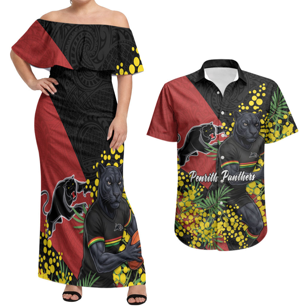 Penrith Panthers Couples Matching Off Shoulder Maxi Dress and Hawaiian Shirt Golden Wattle Floral Polynesian - Australian Flower - Rugby Mascot