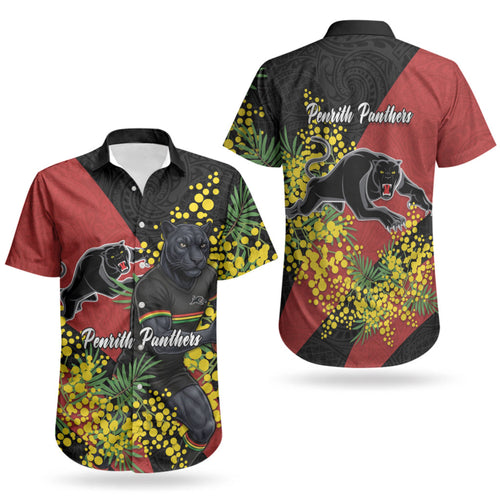 Penrith Panthers Couples Matching Off Shoulder Maxi Dress and Hawaiian Shirt Golden Wattle Floral Polynesian - Australian Flower - Rugby Mascot