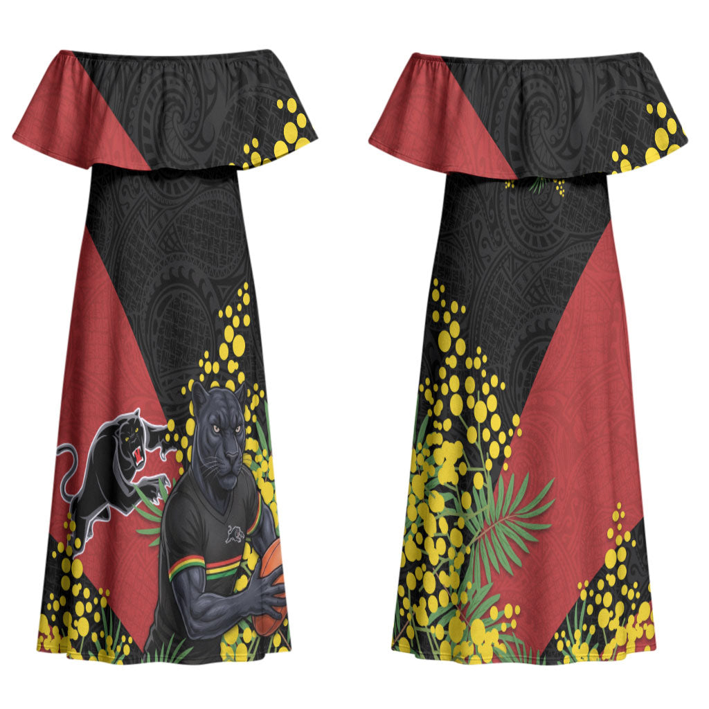 Penrith Panthers Couples Matching Off Shoulder Maxi Dress and Hawaiian Shirt Golden Wattle Floral Polynesian - Australian Flower - Rugby Mascot