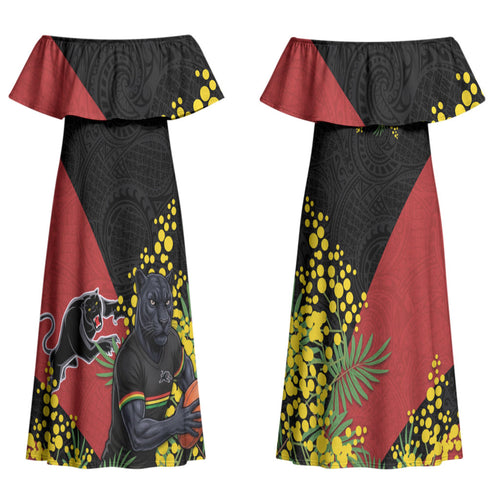 Penrith Panthers Couples Matching Off Shoulder Maxi Dress and Hawaiian Shirt Golden Wattle Floral Polynesian - Australian Flower - Rugby Mascot