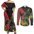 Penrith Panthers Couples Matching Off Shoulder Maxi Dress and Long Sleeve Button Shirt Golden Wattle Floral Polynesian - Australian Flower - Rugby Mascot