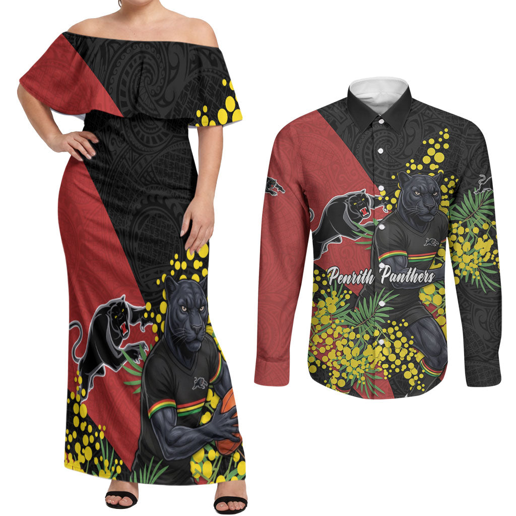 Penrith Panthers Couples Matching Off Shoulder Maxi Dress and Long Sleeve Button Shirt Golden Wattle Floral Polynesian - Australian Flower - Rugby Mascot