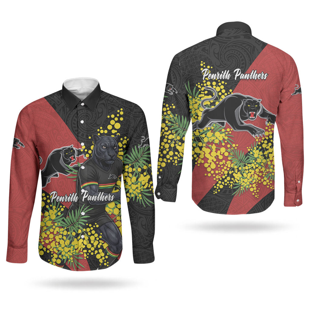 Penrith Panthers Couples Matching Off Shoulder Maxi Dress and Long Sleeve Button Shirt Golden Wattle Floral Polynesian - Australian Flower - Rugby Mascot